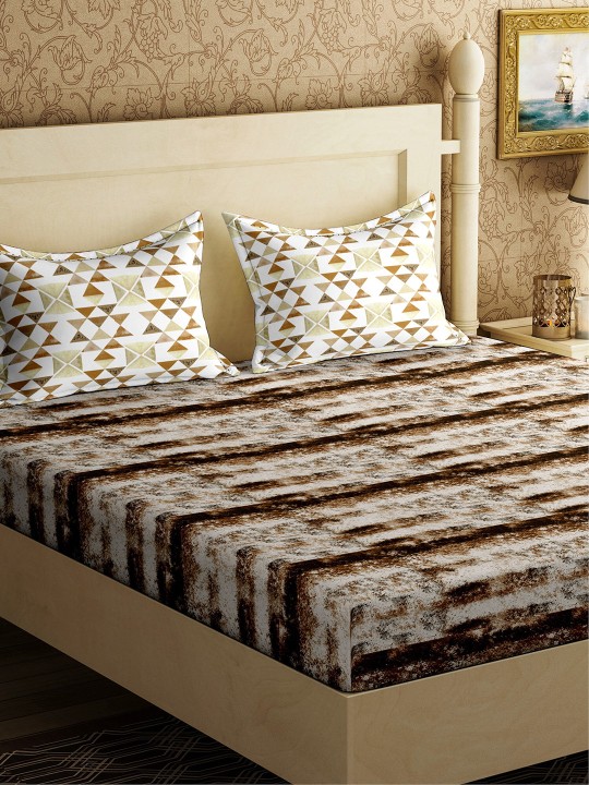 Brown Geometric Flat 144 TC Cotton King Bedsheet with 2 Pillow Covers