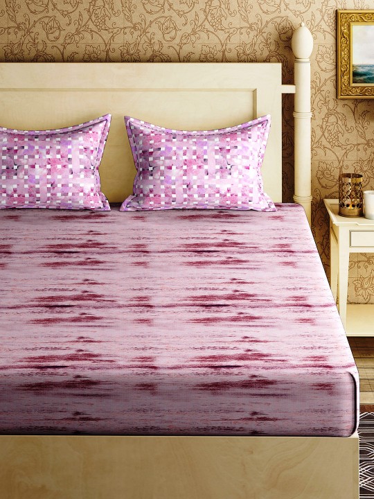 Pink Geometric Flat 144 TC Cotton 1 King Bedsheet with 2 Pillow Covers