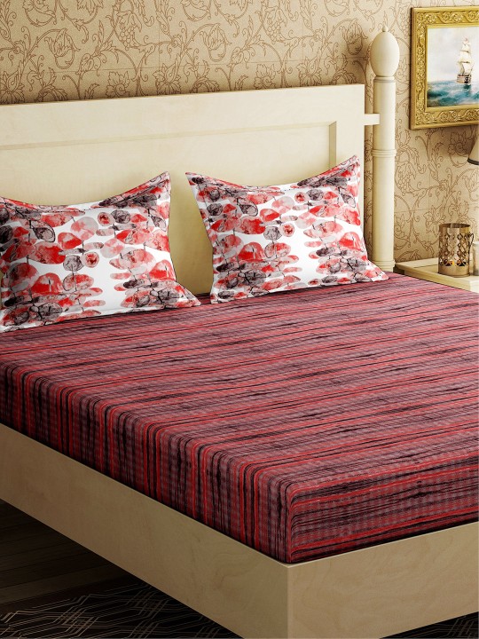 Red Striped Flat 144 TC Cotton King Bedsheet with 2 Pillow Covers