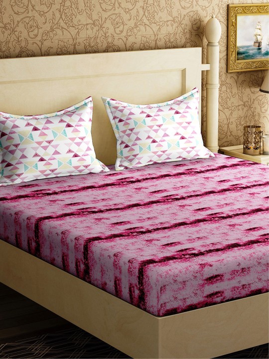 Pink Abstract Flat 144 TC Cotton 1 King Bedsheet with 2 Pillow Covers