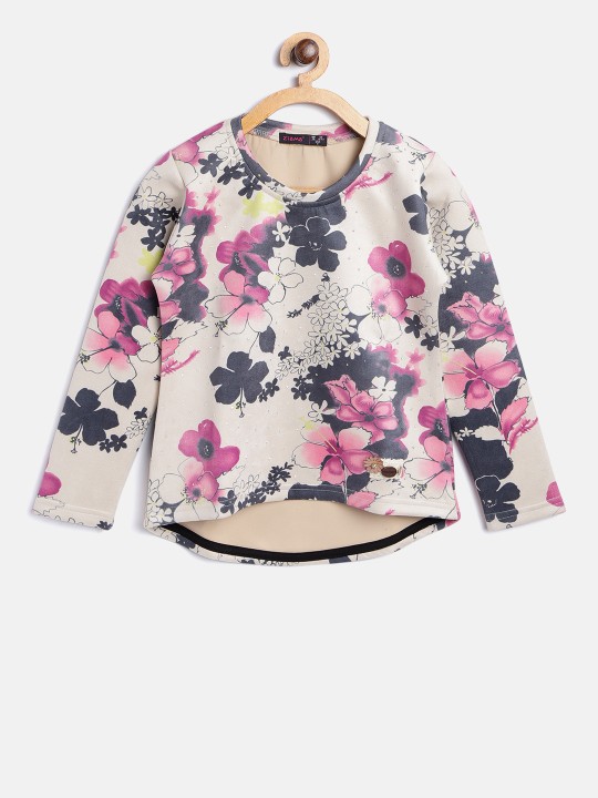 Girls Beige & Pink Printed High-Low Top 6-7Y