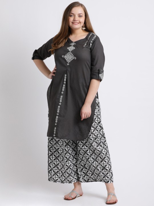 Women Grey & White Printed Kurta with Palazzos XXL