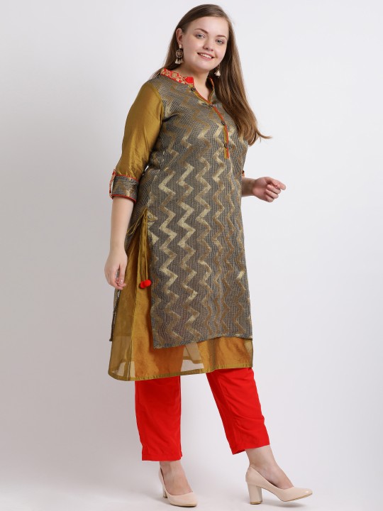 Women Grey & Red Self Design Kurta with Trousers XXL