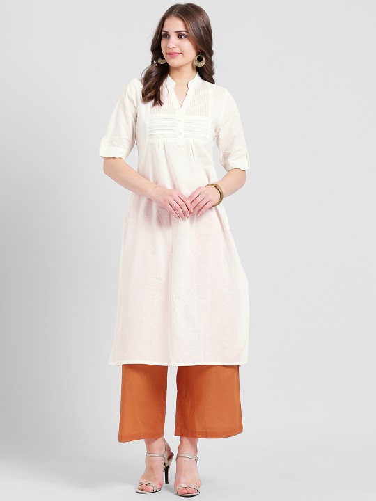 Women White & Brown Solid Kurta with Palazzos S