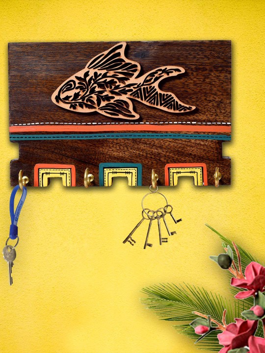 Sheesham Unisex Multicoloured Wood Handcarved & handpainted key holder