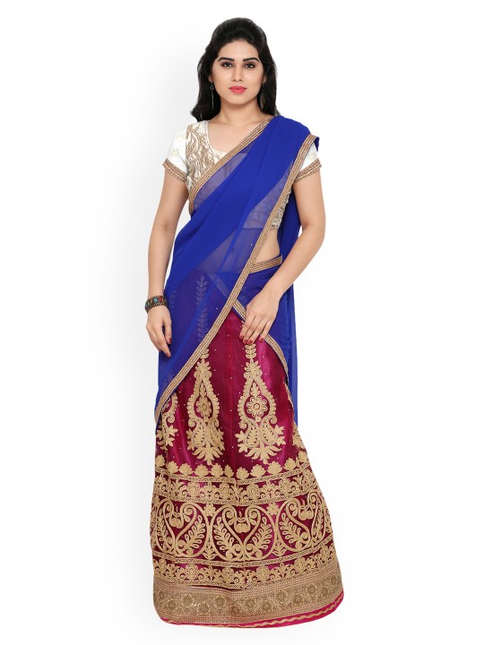 Magenta & Blue Embroidered Semi-Stitched Lehenga & Blouse with Dupatta