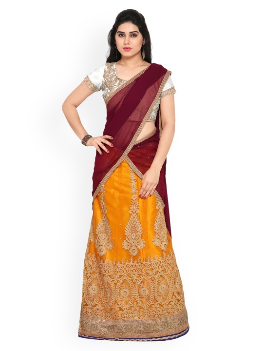 Mustard & Maroon Embroidered Semi-Stitched Lehenga & Blouse with Dupatta