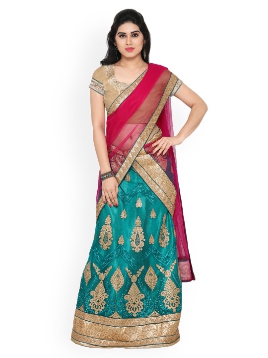 Teal Blue & Pink Embroidered Semi-Stitched Lehenga & Choli with Dupatta