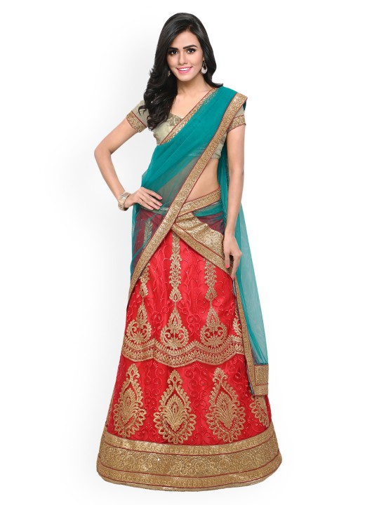 Red & Teal Blue Embroidered Semi-Stitched Lehenga & Choli with Dupatta