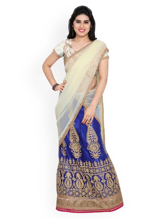 Blue & Off-White Embellished Semi-Stitched Lehenga & Blouse with Dupatta