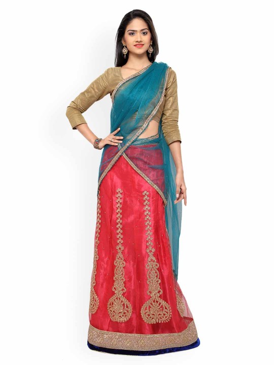Red & Blue Embroidered Semi-Stitched Lehenga & Blouse with Dupatta