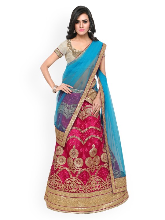 Magenta & Blue Embroidered Semi-Stitched Lehenga & Blouse with Dupatta