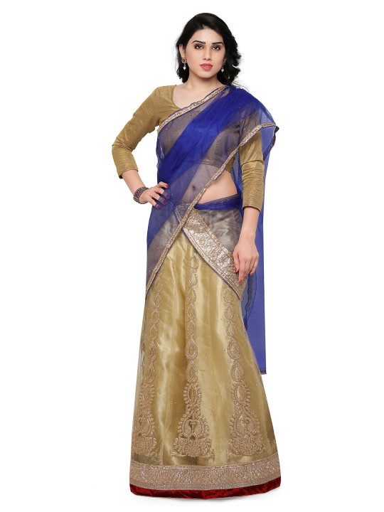 Beige & Blue Embellished Semi-Stitched Lehenga & Blouse with Dupatta