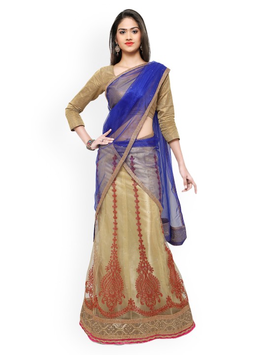 Beige & Blue Embroidered Semi-Stitched Lehenga & Blouse with Dupatta