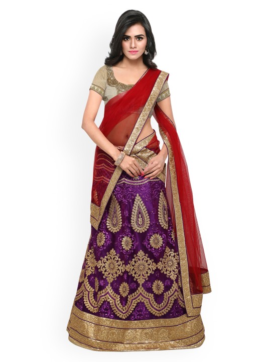 Purple & Red Embroidered Semi-Stitched Lehenga & Blouse with Dupatta