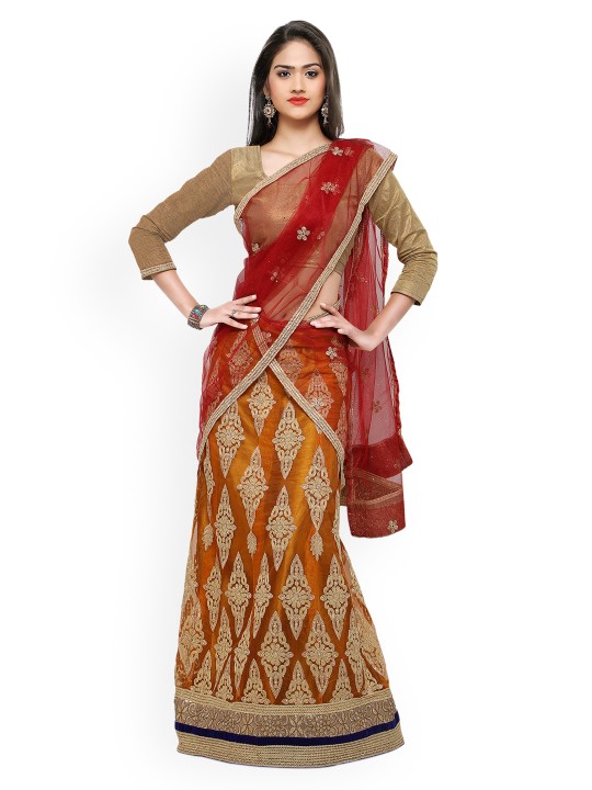 Mustard & Beige Embroidered Semi-Stitched Lehenga & Blouse with Dupatta