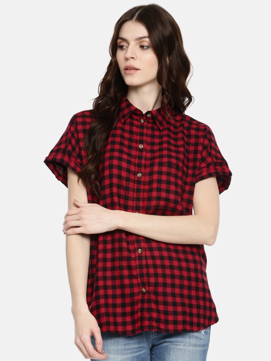 Women Red & Black Regular Fit Checked Casual Shirt XXS