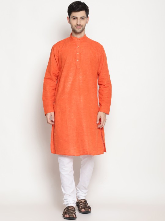 Men Orange & White Self Design Kurta with Churidar S