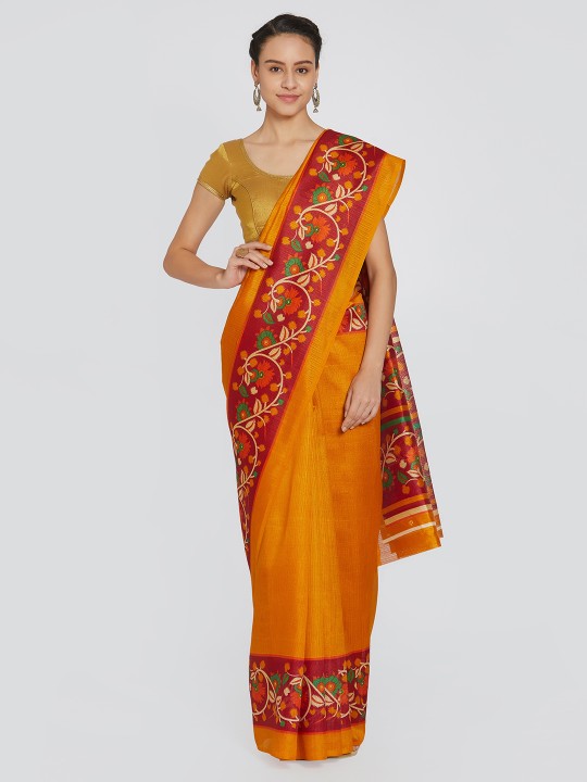 Orange Printed Silk Blend Saree
