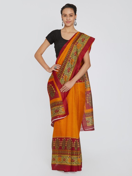 Women Orange Printed Silk Blend Saree