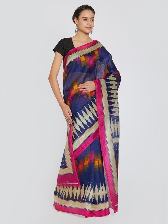 Women Navy Blue Printed Silk Blend Saree
