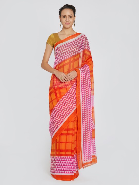 Women Orange Printed Poly Chiffon Saree