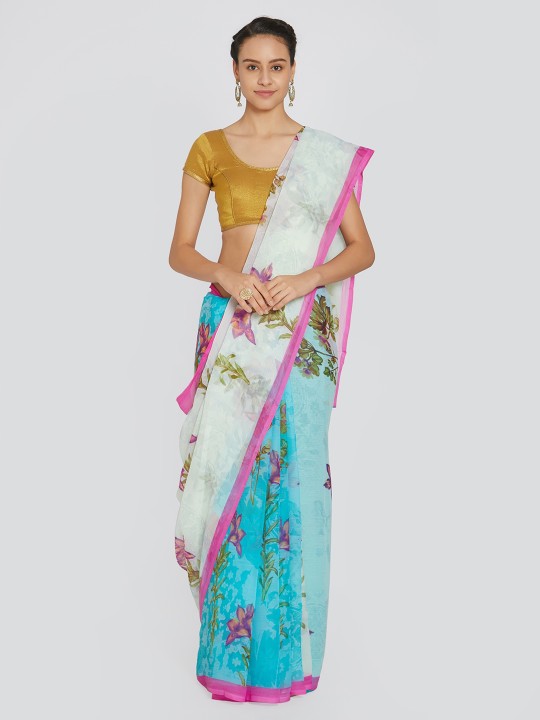 Women Turquoise Blue & White Poly Chiffon Printed Saree