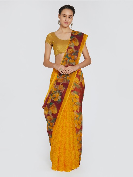 Women Yellow & Maroon Poly Chiffon Printed Saree
