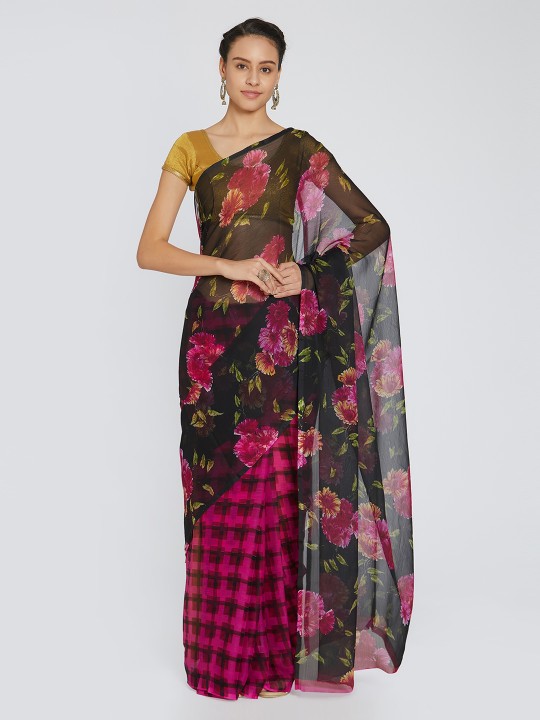 Women Black Printed Poly Chiffon Saree