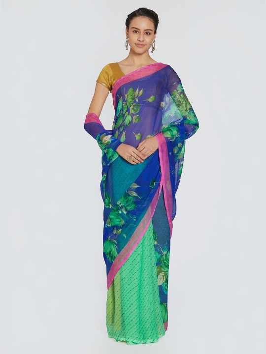 Blue & Green Poly Chiffon Printed Saree