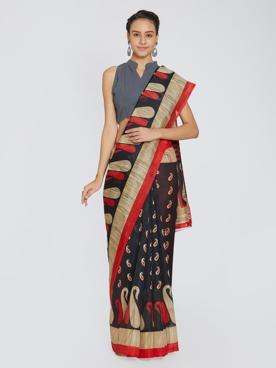 Black Printed Silk Blend Saree