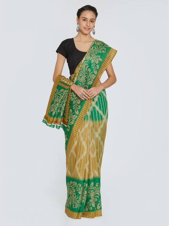 Women Green & Beige Silk Blend Printed Saree