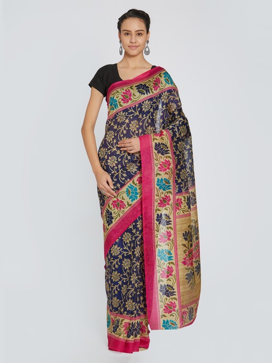 Navy Blue Printed Silk Blend Saree