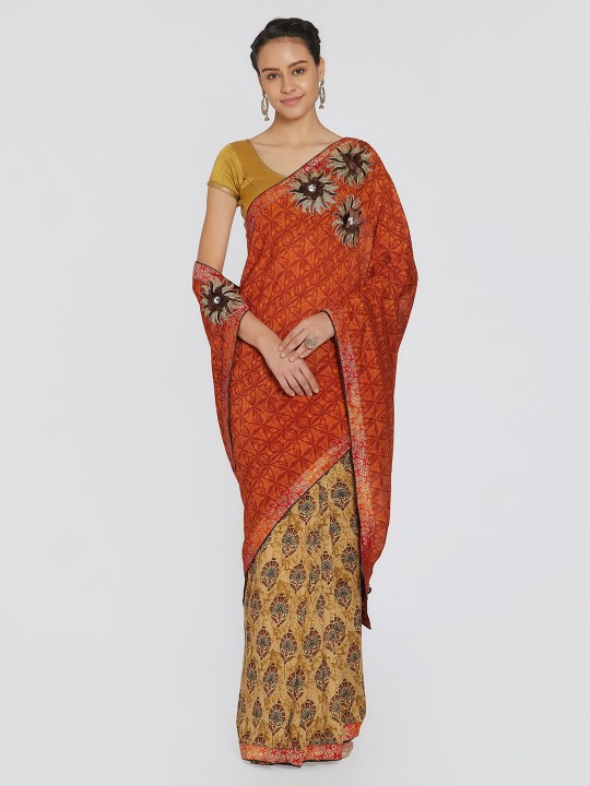 Orange & Beige Poly Georgette Printed Saree