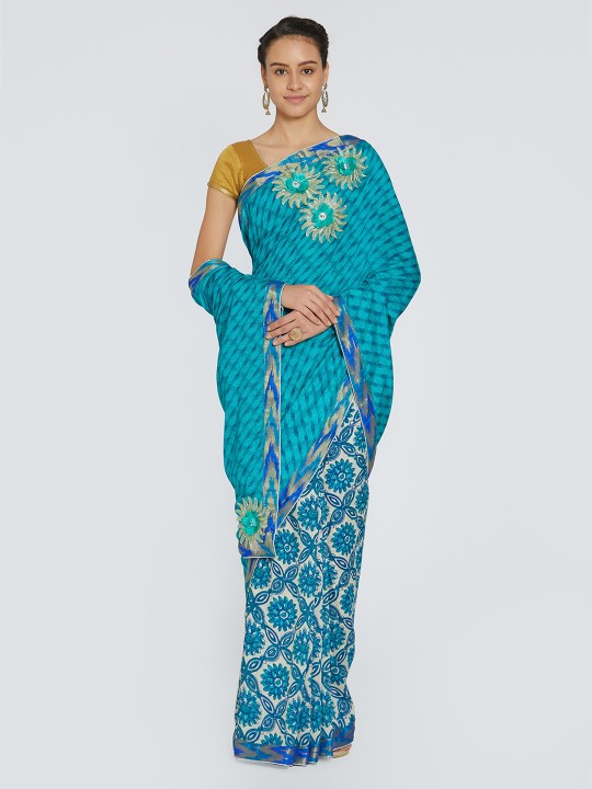 Turquoise Blue Printed Poly Georgette Saree