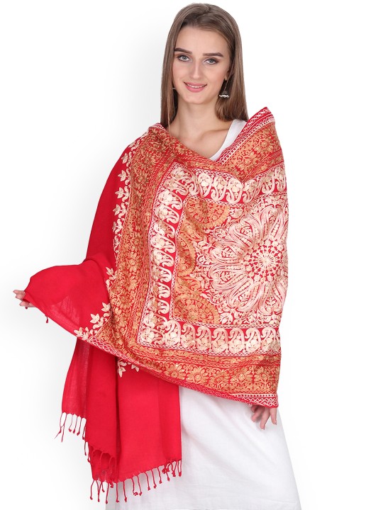Women Red Paisley Embroidered Shawl