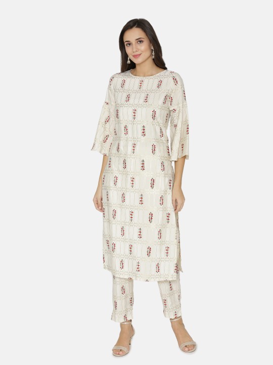 Women Cream-Coloured Printed Kurta with Trousers S