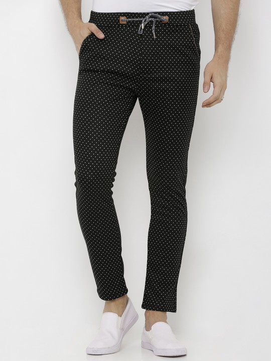 Men Black Slim Fit Printed Regular Trousers 30