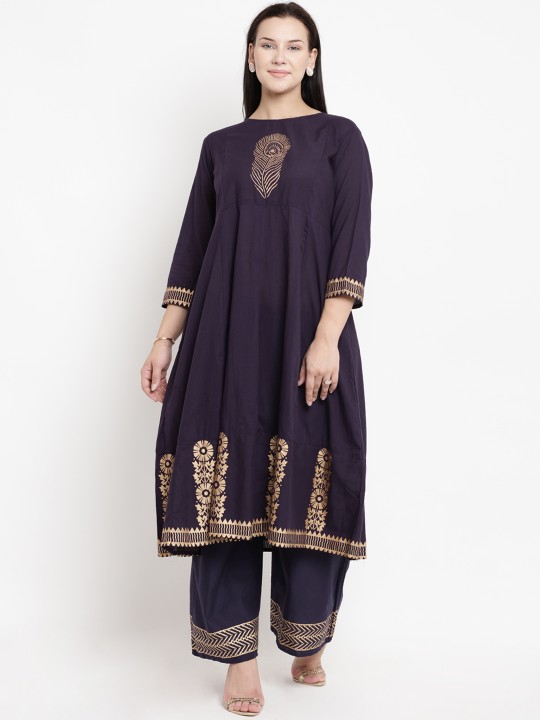 Women Blue Printed Kurta with Palazzos XXL