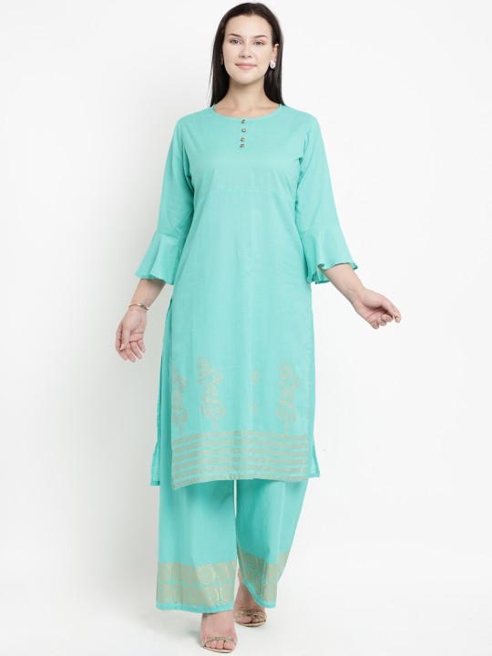 Women Green & Golden Coloured Printed Kurta with Palazzos XXL