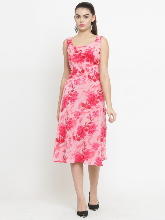Women Pink Printed Fit and Flare Dress S
