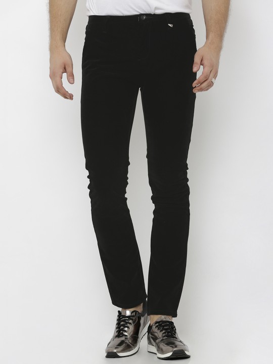 Men Black Slim Fit Solid Regular Trousers 32