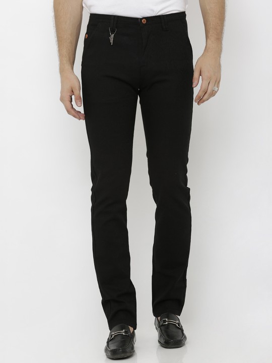 Men Black Slim Fit Solid Regular Trousers 28