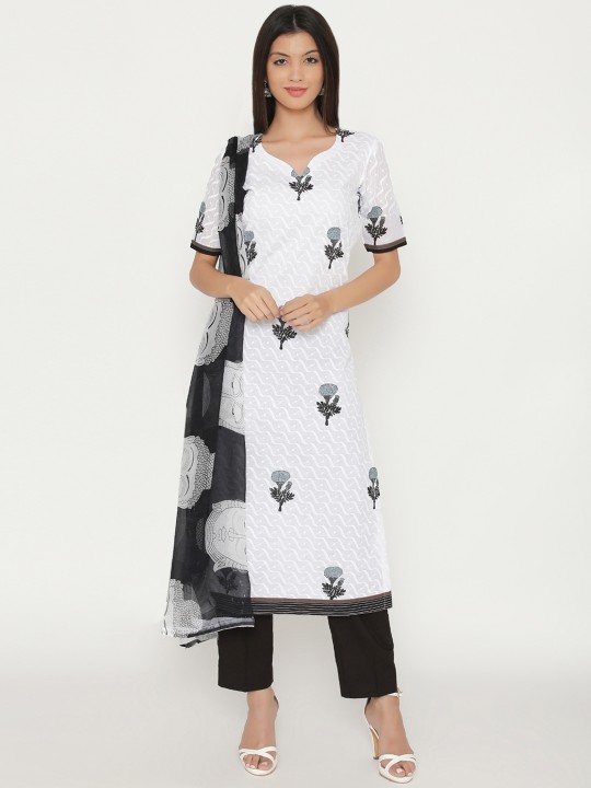 Women Black & White Embroidered Kurti with Trousers & Dupatta S