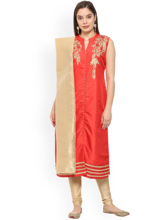 Women Red & Beige Embroidered Kurti with Churidar & Dupatta L