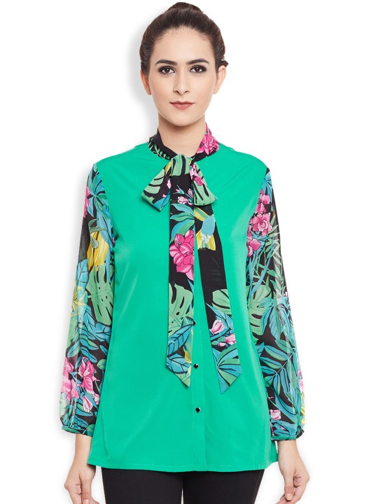 Women Green Comfort Regular Fit Printed Casual Shirt S