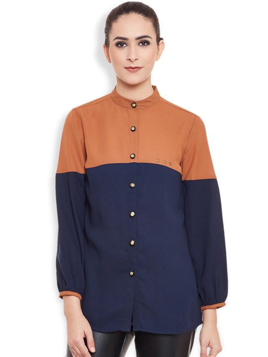 Women Brown & Navy Blue Regular Fit Colourblocked Casual Shirt S