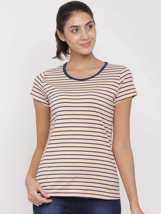 Women Cream-Coloured & Blue Striped Top M