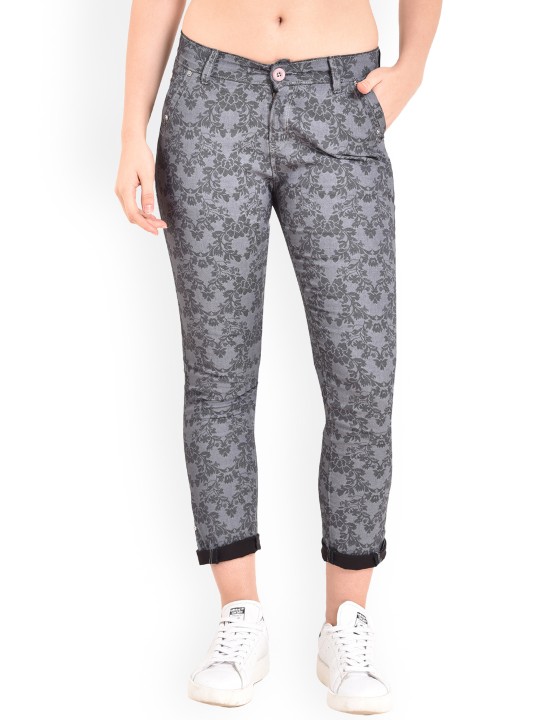 Women Grey & Black Slim Fit Printed Regular Trousers 28