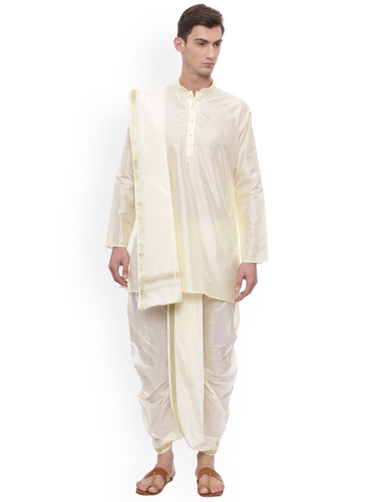 Men Cream-Coloured & Solid Kurta with Dhoti Pants & Dupatta S